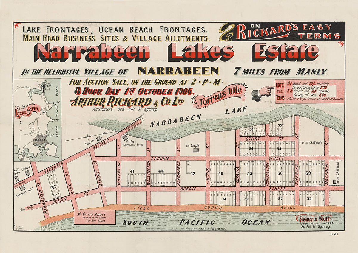 Victoria St, Waterloo St, Wellington St, Albemarle St, Loftus St, Octavia St, Tourmaline St, Emerald St, Ocean St, Crown St, Lagoon St, Narrabeen St, Albert St, Sturt St, Malcolm St, King St, Narrabeen NSW 1906