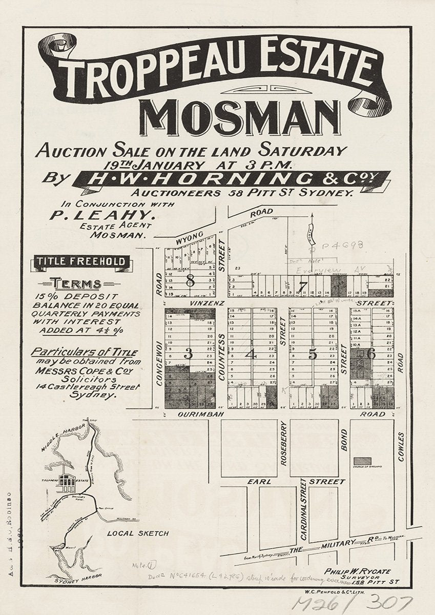 Wyong Rd, Congewoi Rd, Vinzenz St, Ourimbah Rd, Roseberry St, Bond St, Earl St, Cardinal St, Military Rd, Cowles Rd, Countess St, Mosman NSW