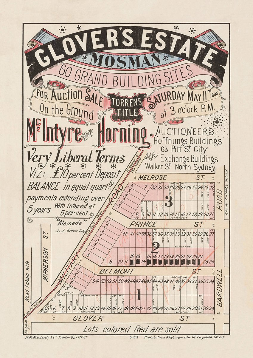 Mcpherson St, Military Rd, Melrose St, Prince St, Belmont St, Glover St, Bardwell Rd, Spofforth St, Mosman NSW 1895