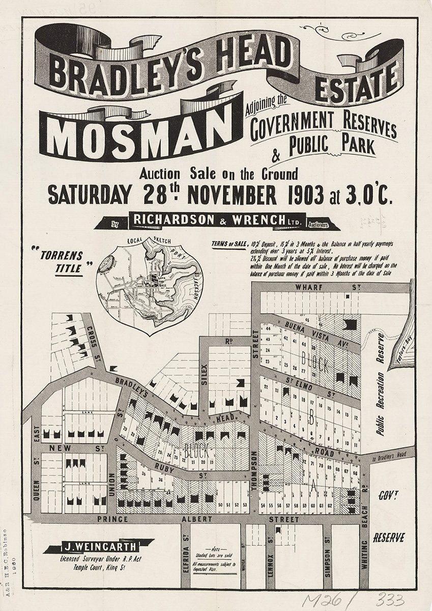 Queen St East, Prince Albert St, Whiting Beach Rd, Bradley's Head Rd, Thompson St, Silex Rd, Wharf St, Milton Ave, New St, Ruby St, Bradleys Head Rd, St Elmo St, Buena Vista Ave, Simpson St, Lennox St, Elfrida St, Union St, Cross St, Mosman, Clifton Gardens NSW 1903