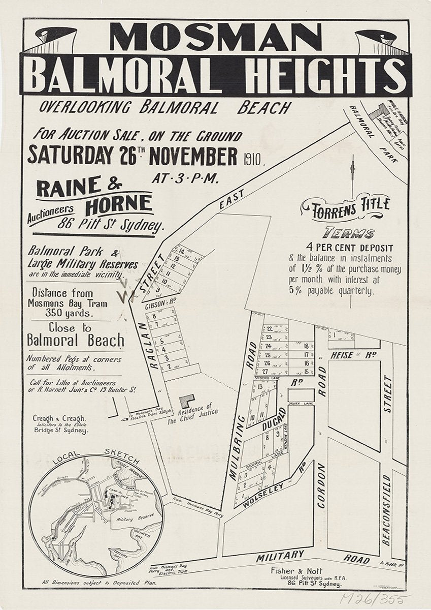 Raglan St East, Mulbring Rd, Dungald Rd, Wolseley Rd, Gordon Rd, Heise Rd, Beaconsfield St, Military Rd, Mulbring St, Mosman, Balmoral NSW 1910