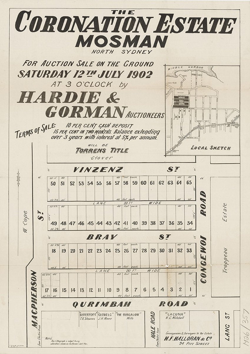 Macpherson St, Vinzenz St, Bray St, Qurimbah Rd, Congewoi Rd, Ourimbah Rd, Hale Rd, Lang St, Mosman NSW 1902