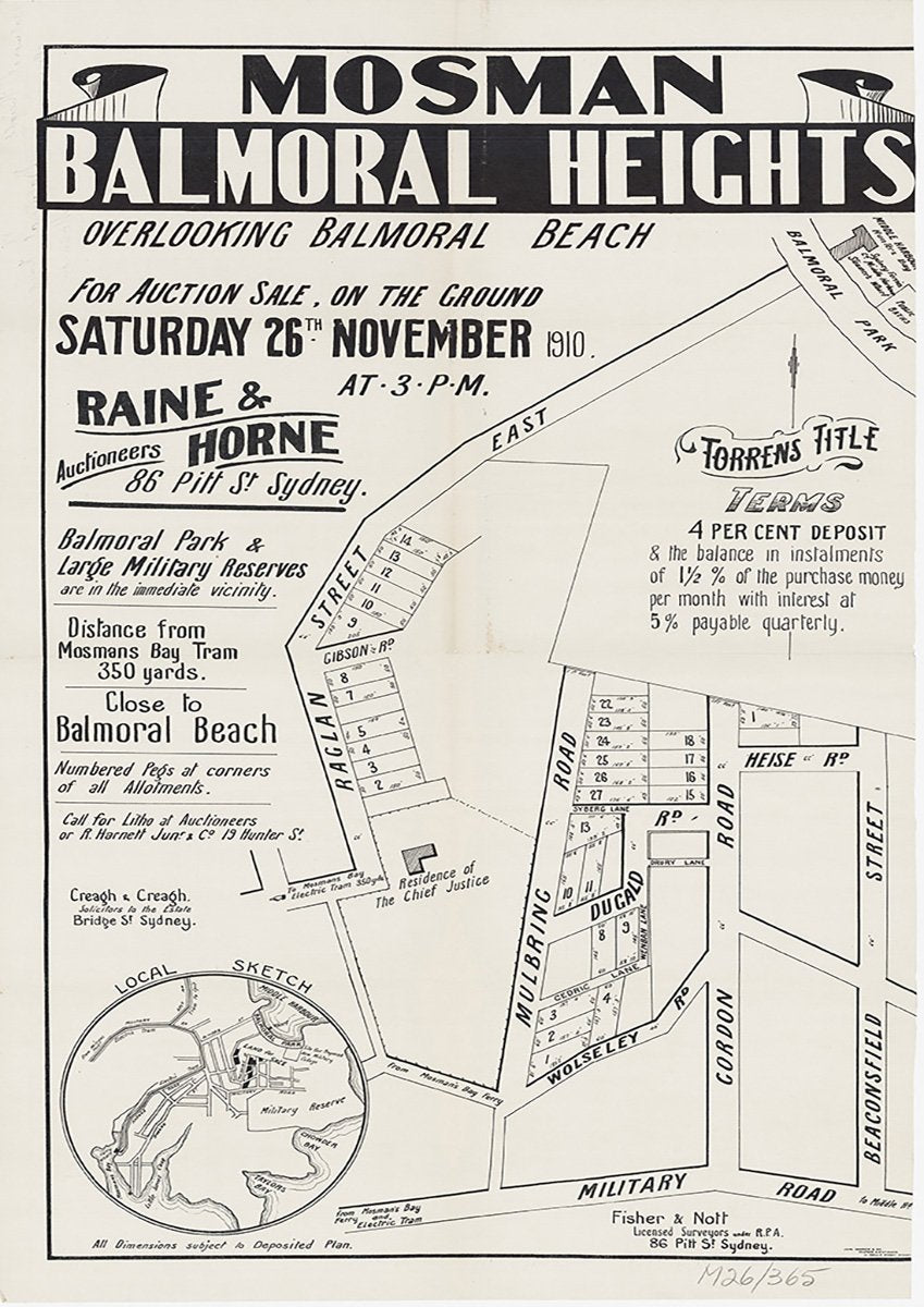 Raglan St East, Mulbring Rd, Dungald Rd, Wolseley Rd, Gordon Rd, Heise Rd, Beaconsfield St, Military Rd, Dugald Rd, Mosman, Balmoral NSW 1910