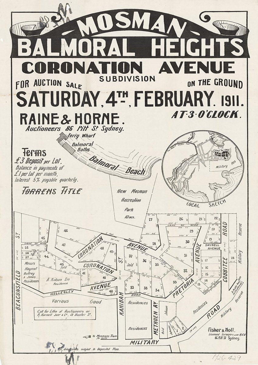 Beaconsfield St, Wellesley Rd, Coronation Ave, Kahibah St, Methuen Ave, Pretoria Ave, Cobbitee Rd, Middle Head Rd, Military Rd, Mosman, Georges Heights NSW 1911