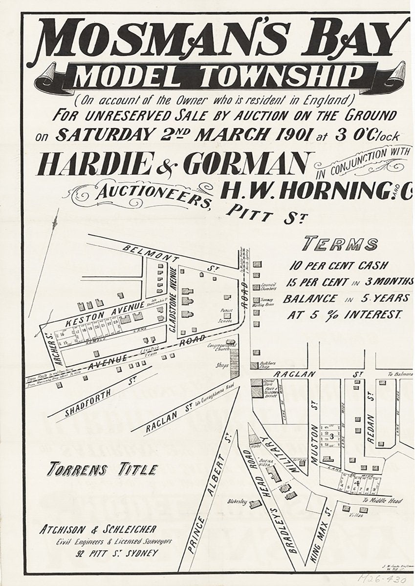 Belmont St, Gladstone Ave, Keston Ave, Avenue Rd, Shaforth St, Raglan St, Military Rd, Prince Albert St, Bradley's Head Rd, King Max St, Redan St, Archer St, Bradleys Head Rd, Mosman NSW 1901