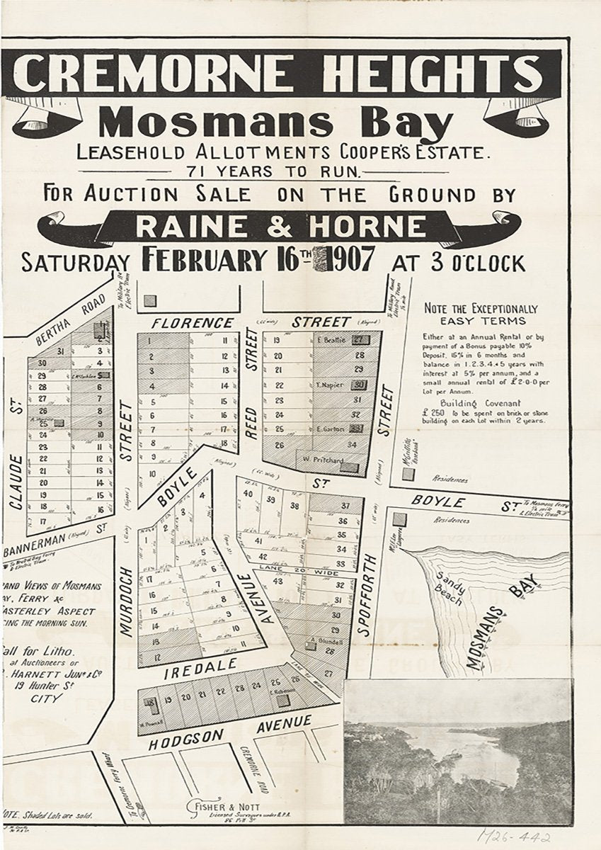 Bertha Rd, Claude St, Bannerman St, Murdoch St, Hodgson Ave, Spofforth St, Florence St, Reed St, Boyle St, Iredale Ave, Cremorne Rd, Mosman, Cremorne NSW 1907