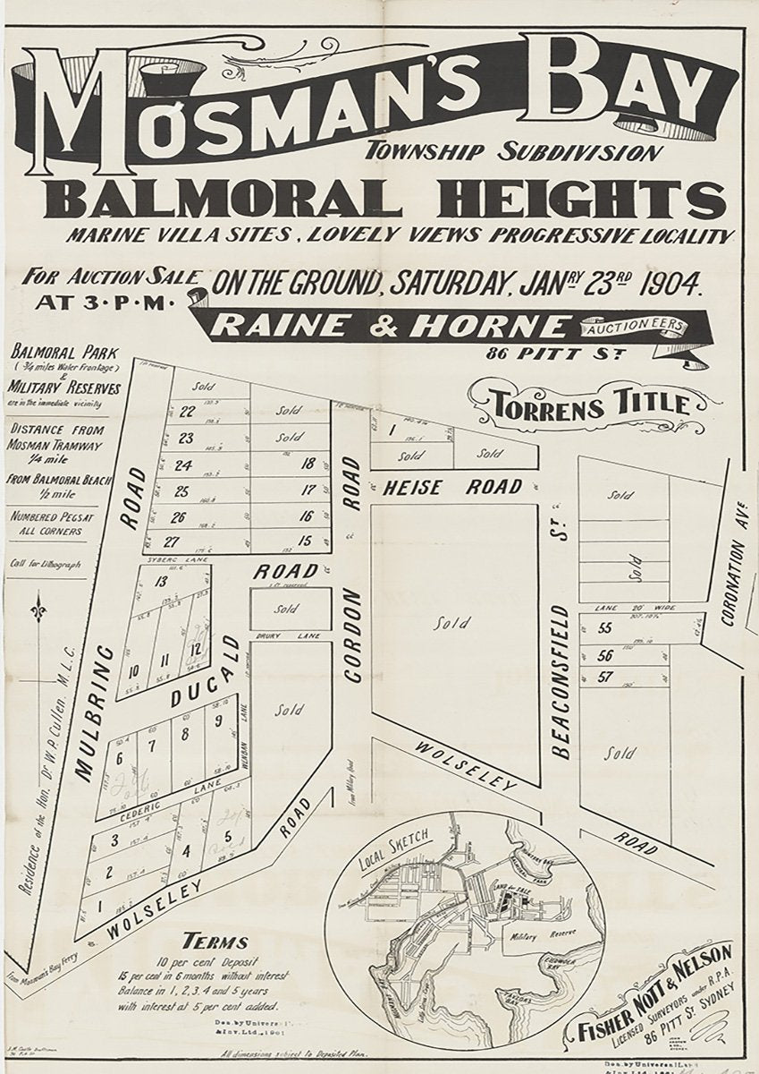 Mulbring St, Wolseley Rd, Dugald Rd, Gordon Rd, Heise Rd, Beaconsfield St, Drury Ln, Wenban Ln, Cederic Ln, Coronation Ave, Mosman NSW 1904