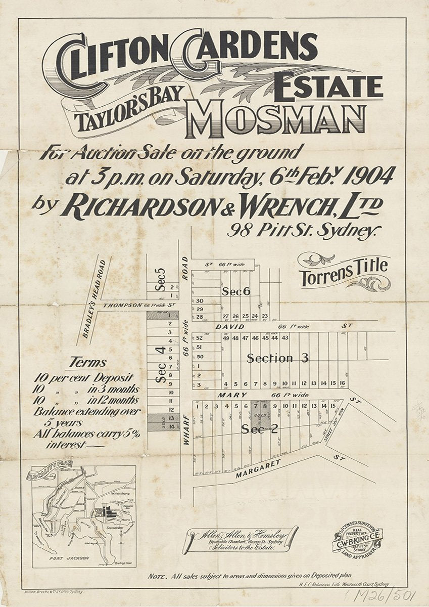 Thompson St, Wharf Rd, Margaret St, Kardinia Rd, Burrawong Ave, Mary St, David St, Clifton St, Bradleys Head Rd, Mosman, Clifton Gardens NSW 1904