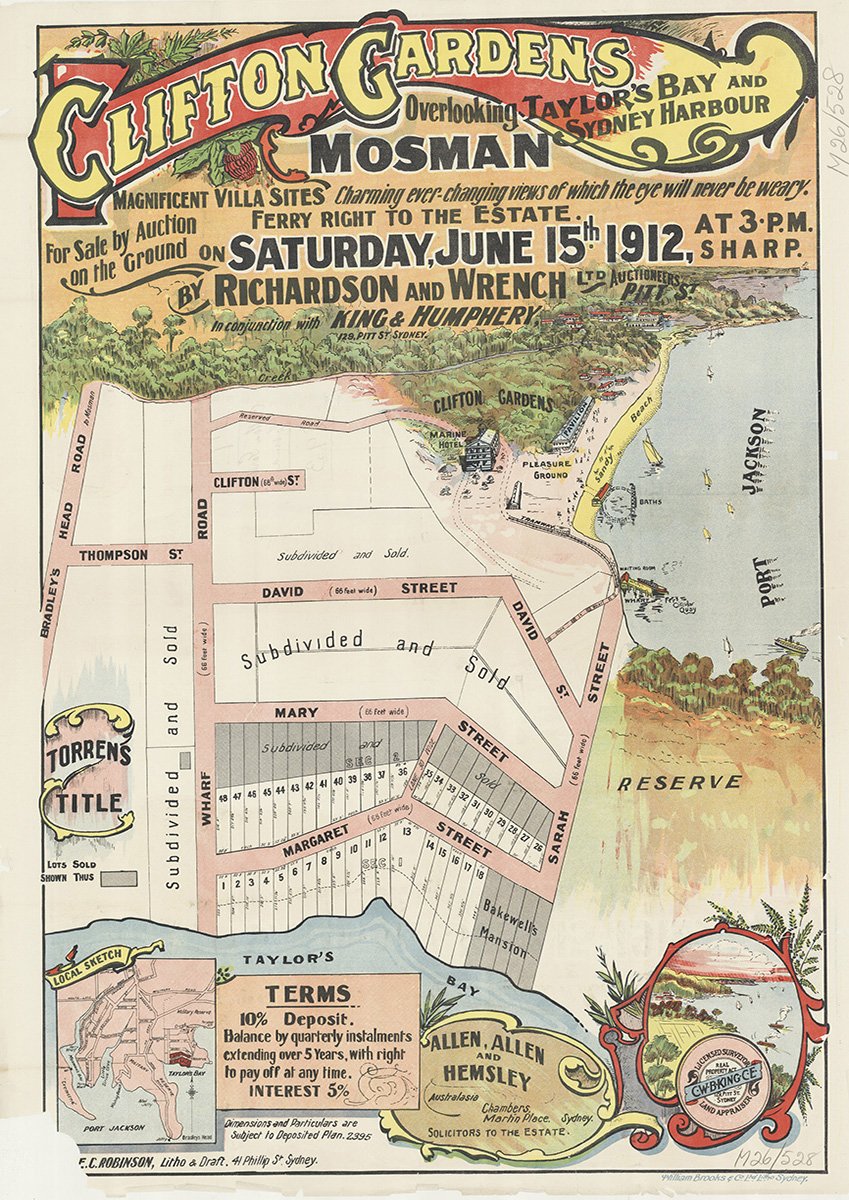 Bradley's Head Rd, Thompson St, Wharf Rd, Margaret St, Sarah St, Mary St, David St, Kardinia Rd, Burrawong Ave, Iluka Rd, Bradleys Head Rd, Clifton St, Mosman, Clifton Gardens NSW 1912