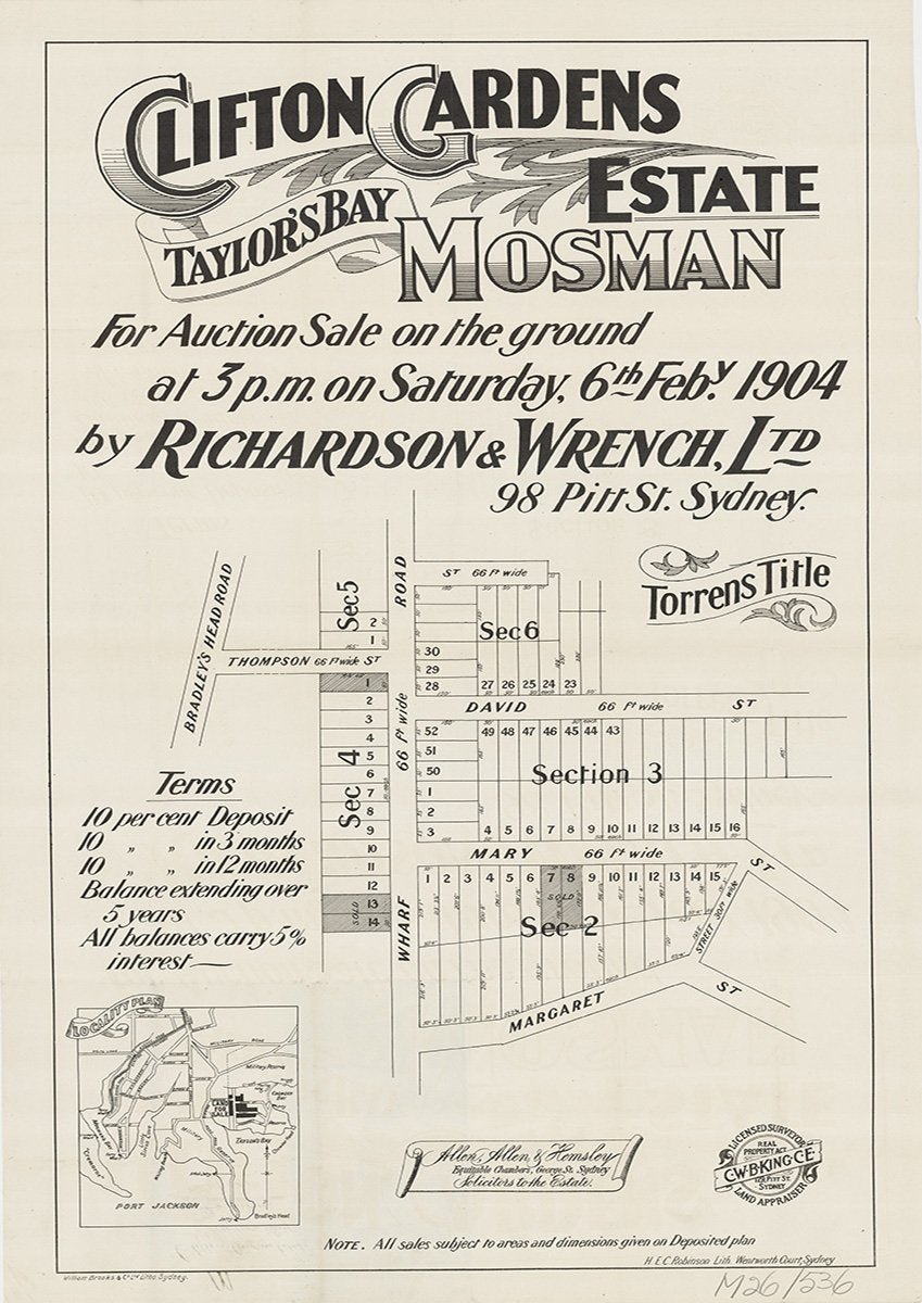 Bradley's Head Rd, Thompson St, Wharf Rd, Margaret St, Sarah St, Mary St, David St, Kardinia St, Burrawong Ave, Iluka Rd, Clifton St, Bradleys Head Rd, Mosman, Clifton Gardens NSW 1904