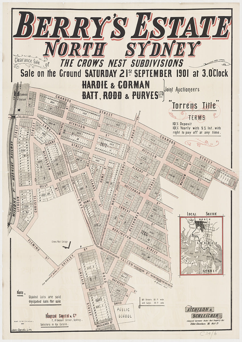 Oxley St, Chandos St, Atchison St, Albany St, Nicolson St, Sinclair St, Edward St, Falcon St, Burlington St, Ernest St, Clarke St, Christie St, Lithgow St, Shirley Rd, Bruce St, Rocklands Rd, Hayberry St, David St, Alexander St, North Sydney Rd, Hume St, Mitchell St, Lane Cove Rd, Fleming St, Crows Nest, St Leonards NSW 1901