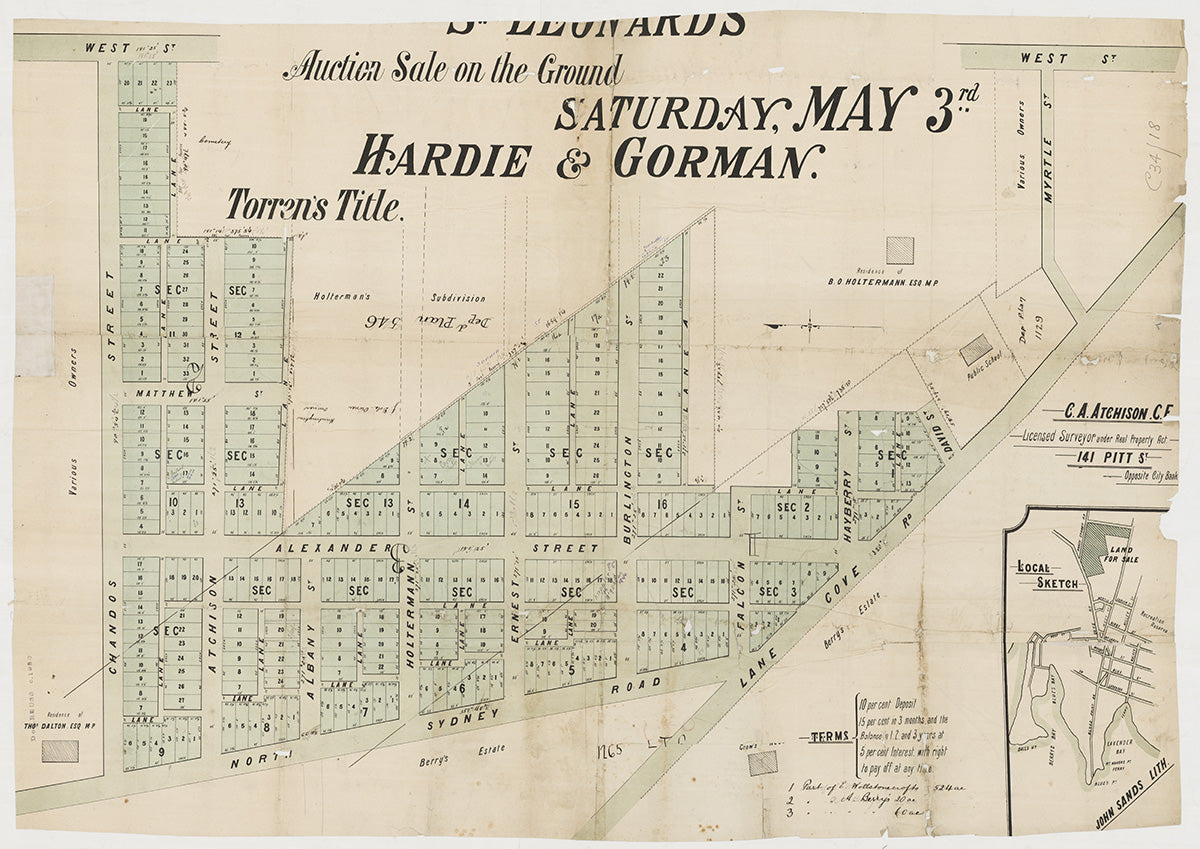 Chandos St, Atchison St, Albany St, Holtermann St, Ernest St, Burlington St, Hayberry St, Falcon St, North Sydney Rd, David St, Alexander St, Lance Cove Rd, Pacific Hwy, West St, Myrtle St, Hayberry St, David St, St Leonards, Crows Nest NSW