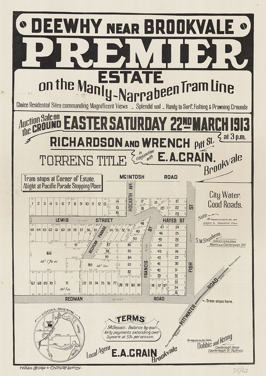 McIntosh Rd, Fish St, Redman Rd, Lewis St, Redfern Pde, Francis St, Hayes St, Fisher Rd, Hogarth Ave, Dee Why NSW 1913