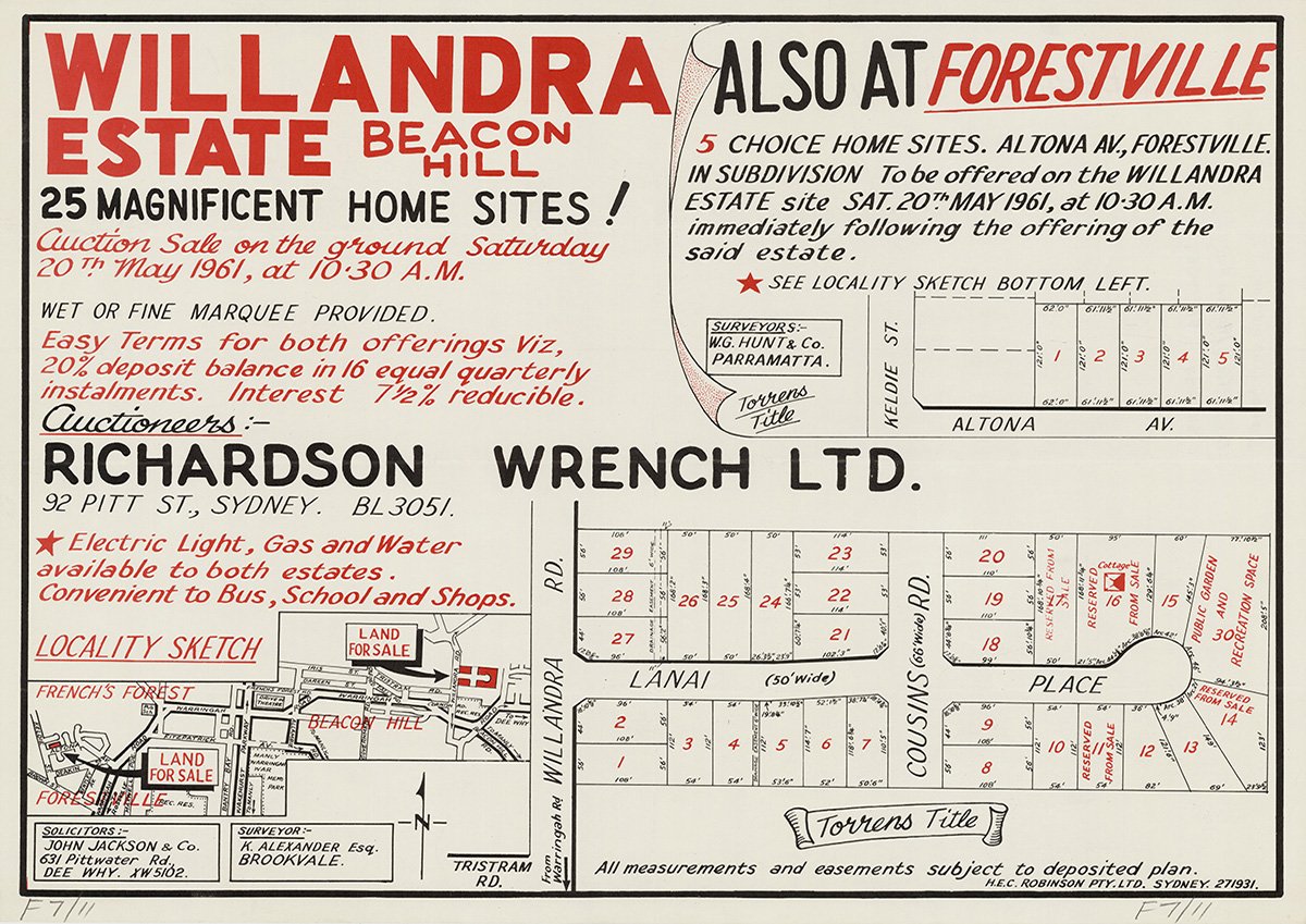 Lanai Pl, Willandra Rd, Cousins Rd, Altona Ave, Keldie St, Tristram Rd, Beacon Hill, Forestville NSW 1961