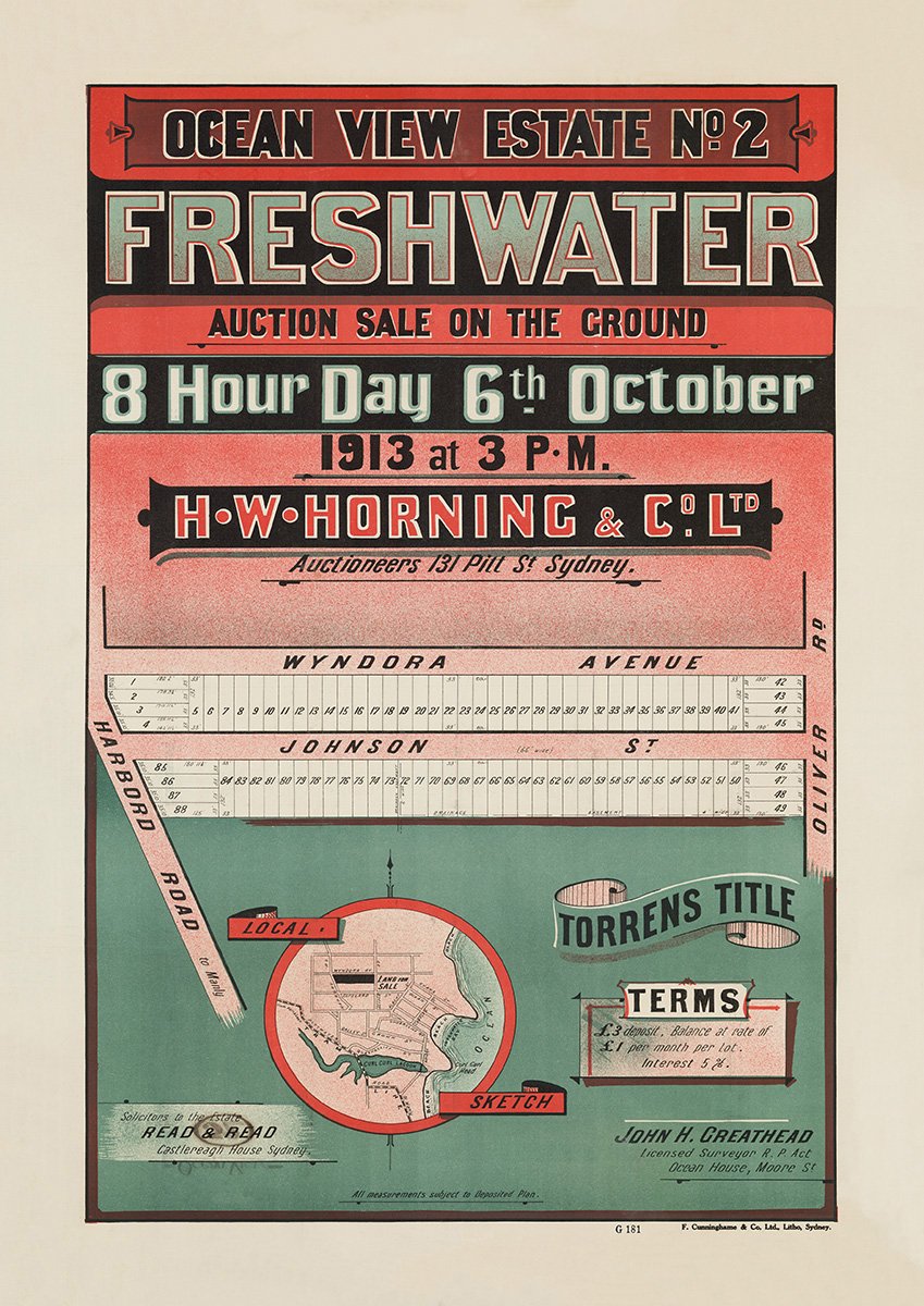 Wyndora Ave, Johnson St, Harbord Rd, Oliver St, Freshwater NSW 1913