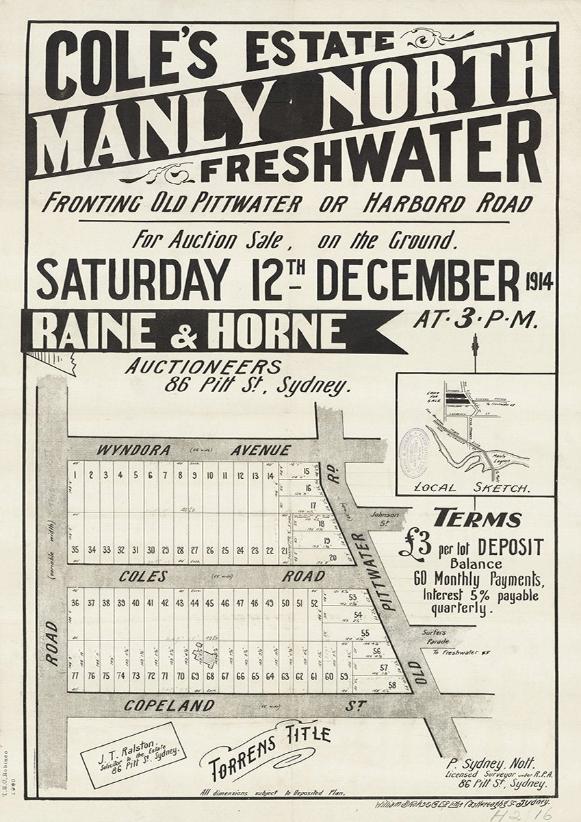 Wyndora Ave, Coles Rd, Copeland St, Old Pittwater Rd, Harbord Rd, McDonald St, Johnson St, Surfers Pde, Freshwater NSW 1914