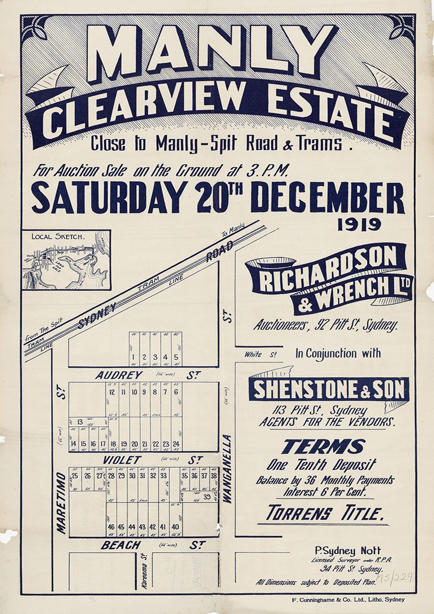 Maretimo St, Audrey St, Wanganella St, New St, Beach St, Violet St, Audrey St, Balgowlah NSW 1919