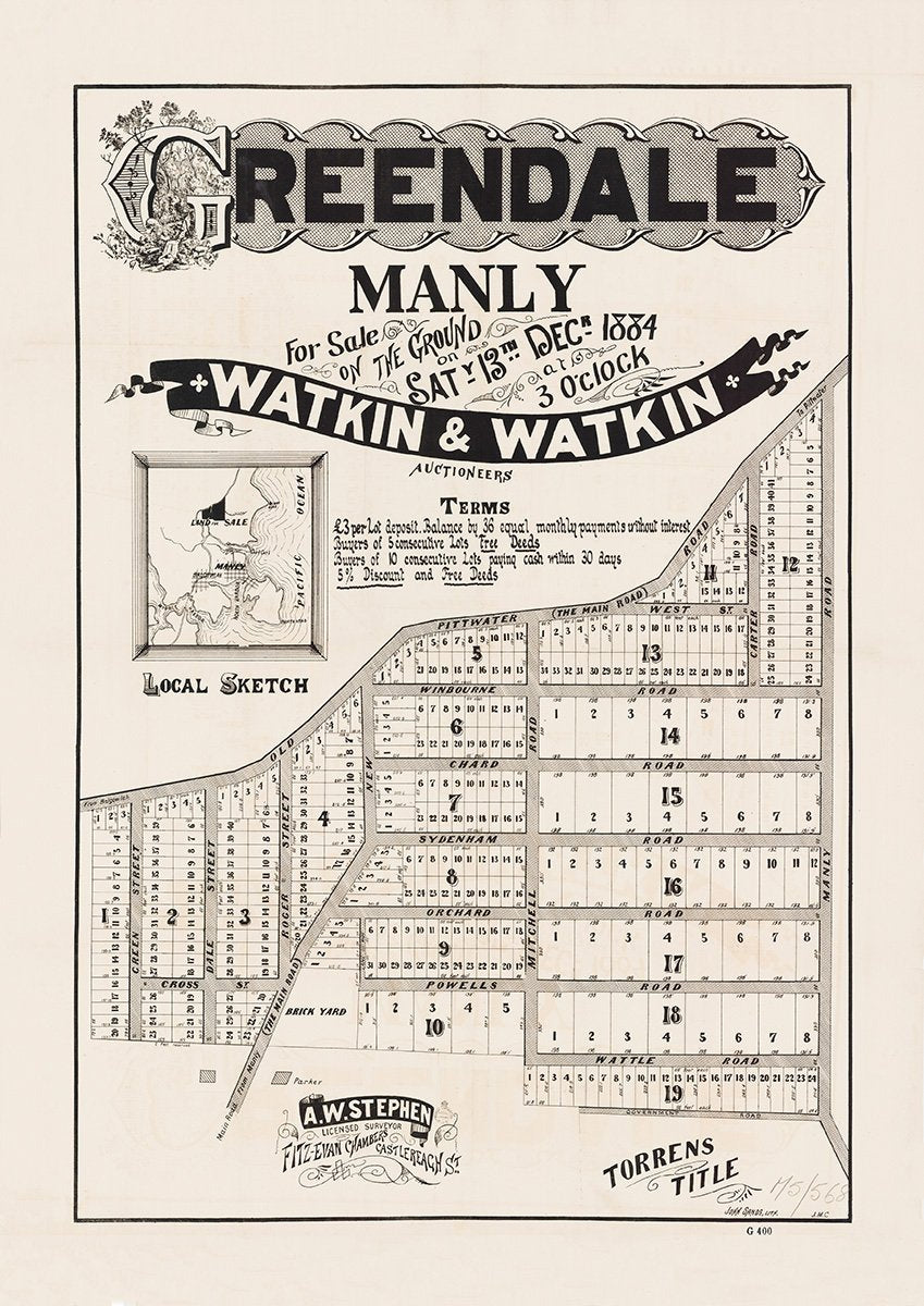 Old Pittwater Rd, Manly Rd, Government Rd, Wattle Rd, Mitchell Rd, Green St, Cross St, Dale St, Roger St, Winbourne Rd, Chard Rd, Sydenham Rd, Orchard Rd, Powells Rd, WattleRd, West St, Carter Rd, Manly Rd, Brookvale NSW 1884