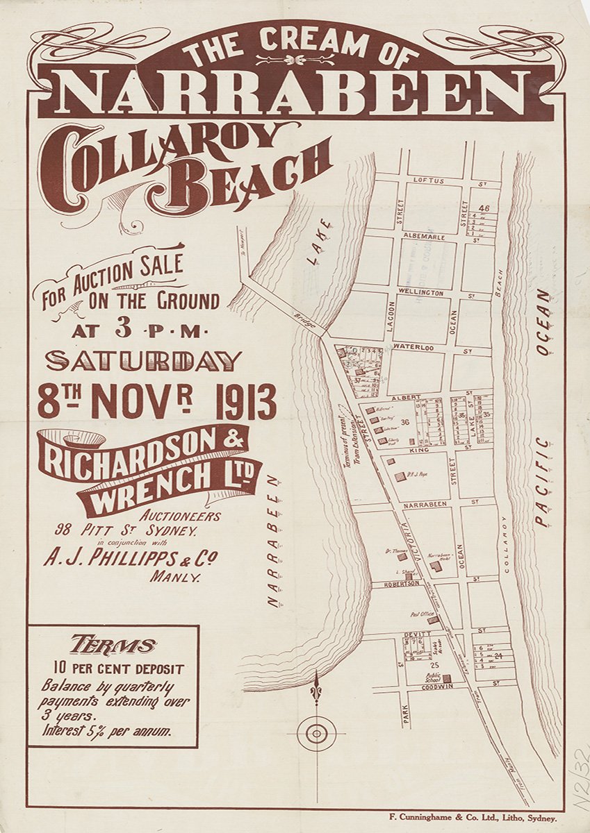 Loftus St, Albemarle St, Wellington St, Albert St, King St, Narrabeen St, Robertson St, Devitt St, Goodwin St, Park St, Victoria St, Ocean St, Lagoon St, Waterloo St, Lake St, Narrabeen NSW 1913