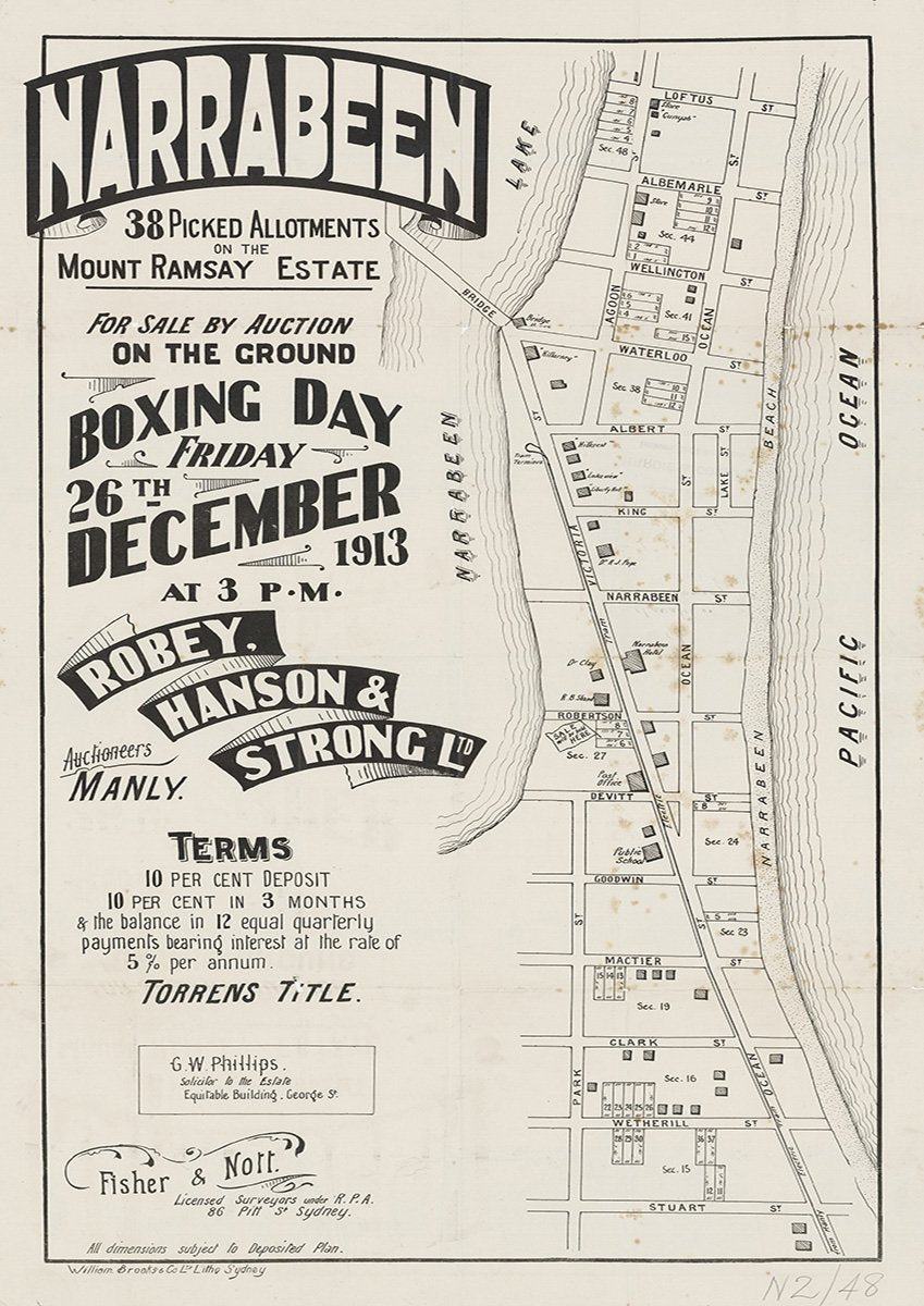 Albemarle St, Wellington St, Albert St, King St, Narrabeen St, Robertson St, Devitt St, Goodwin St, Park St, Victoria St, Ocean St, Lagoon St, Loftus St, Waterloo St, Mactier St, Clark St, Wetherill St, Stuart St, Narrabeen NSW 1913