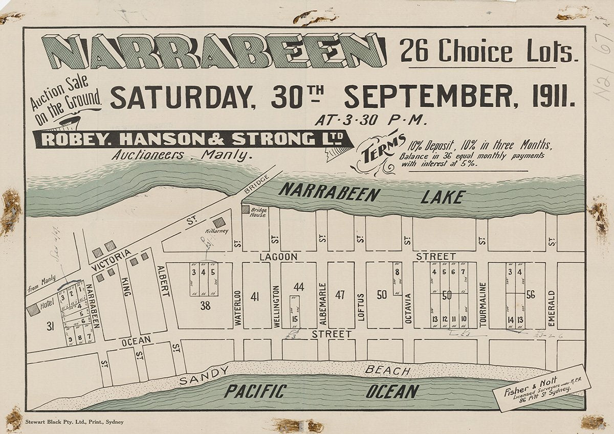 Victoria St, Narrabeen St, Waterloo St, Wellington St, Loftus St, Octavia St, Tourmaline St, Malcolm St, Ocean St, Crown St, Lagoon St, King St, Albert St, Emerald St, Lagoon St, Narrabeen NSW 1911