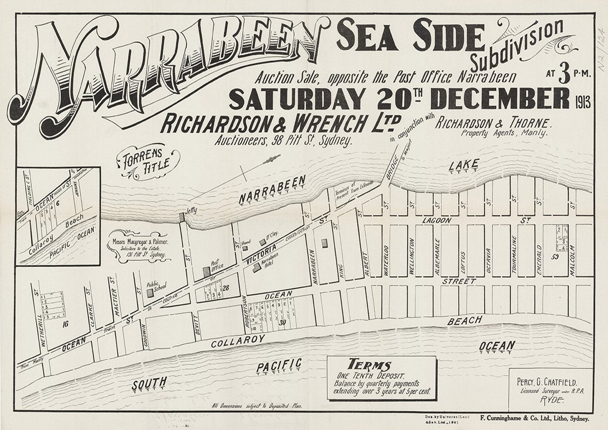 Wetherill St, Robertson St, Malcolm St, Ocean St, Victoria St, Clarke St, Mactier St, Goodwin St, Devitt St, Narrabeen St, King St, Albert St, Loftus St, Lagoon St, Waterloo St, Wellington St, Albemarle St, Octavia St, Tourmaline St, Emerald St, Narrabeen NSW 1913