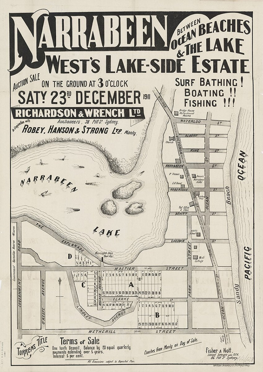 The Esplanade, Wetherill St, Lindley Ave, Clarke St, Park St, Mactier St, O’Keefe Ave, Walker Ave, Ocean St, Victoria St, Goodwin St, Devitt St, Robertson St, Narrabeen St, King St, Albert St, Waterloo St, Fuller St, Veterans Pde, Narrabeen NSW 1911