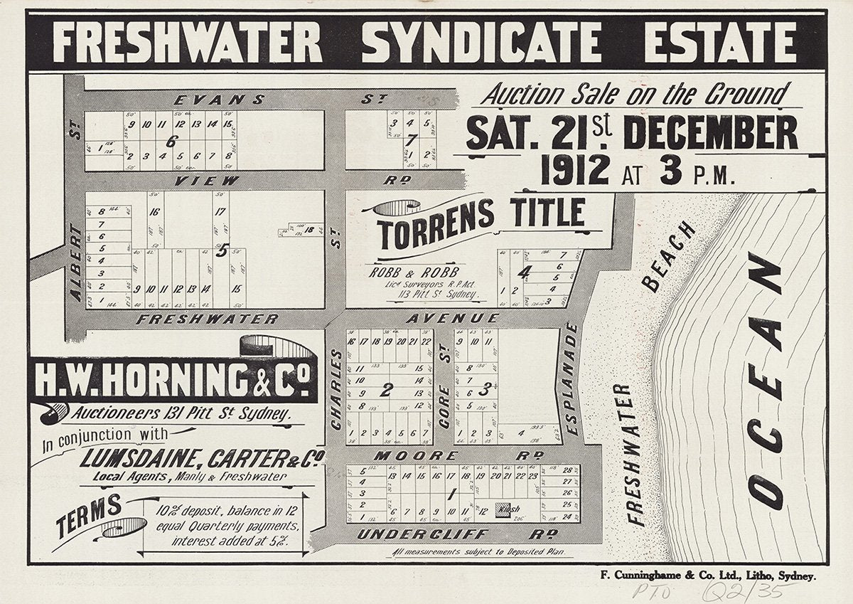 Evans St, Undercliff Rd, Esplanade, Albert St, View Rd, Freshwater Ave, Charles St, Gore St, Moore Rd, Freshwater NSW 1912