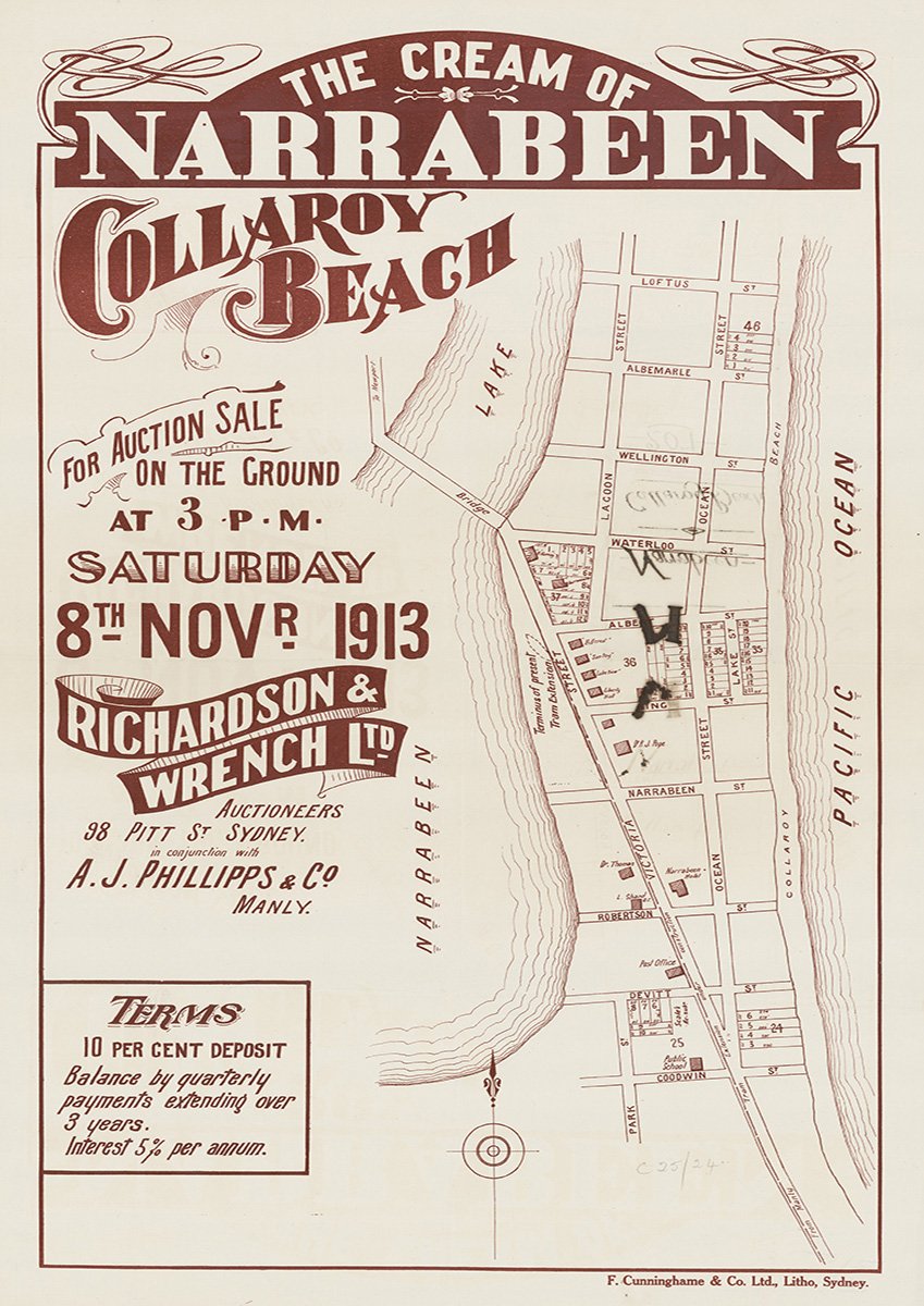 Victoria St, King St, Albert St, Waterloo St, Ocean St, Devitt St, Park St, Loftus St, Albemarle St, Wellington St, Narrabeen St, Robertson St, Devitt St, Goodvin St, Park St, Lagoon St, Collaroy, Narrabeen NSW 1913