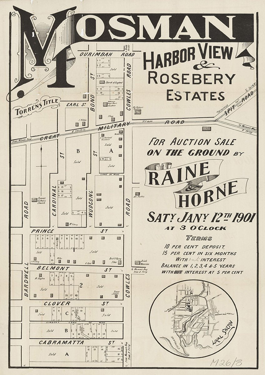 Ourimbah Rd, Cowles Rd, Military Rd, Spit Rd, Cabramatta St, Clover St, Belmont St, Belmont Rd, Prince St, Wudgong St, Cardinal St, Bardwell Rd, Earl St, Bond St, Mosman NSW 1901