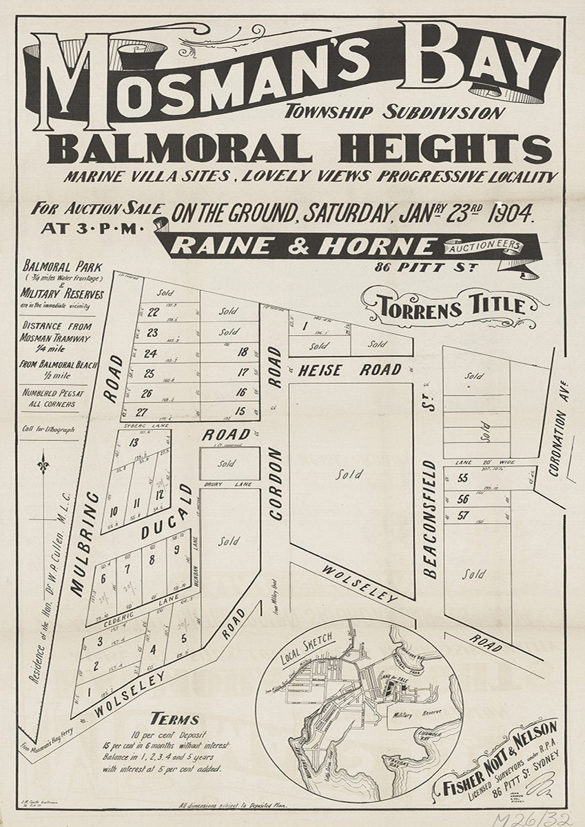 Mulbring Rd, Wolseley Rd, Dugald Rd, Gordon Rd, Heise Rd, Beaconsfield St, Wolseley Rd, Coronation Ave, Cedric Ln, Mosman NSW 1904