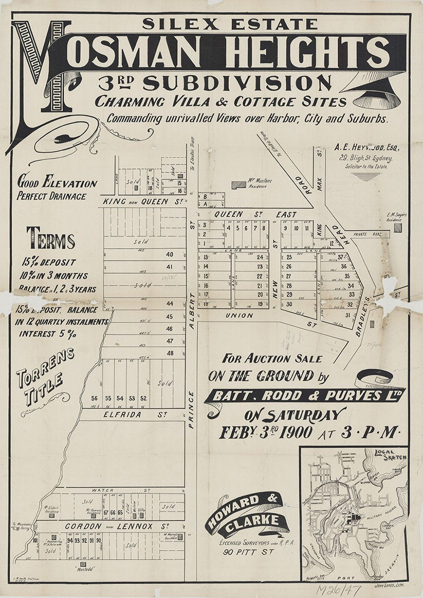 King St, Queen St, Elfrida St, Prince Albert St, Queen St East, Union St, Bradley's Head Rd, Bradleys Head Rd, Max St, New St, Water St, James King Ln, Cross St, Milner Ln, Mosman NSW 1900