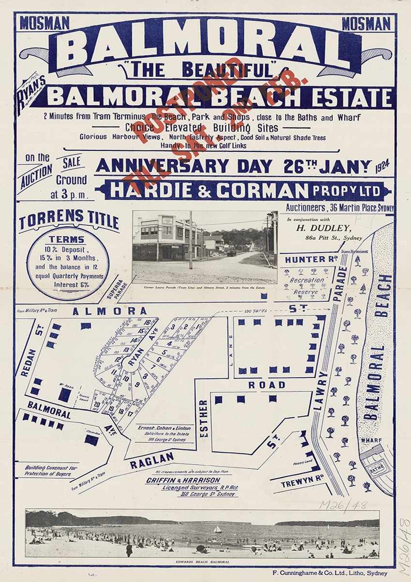 Almora St, Redan St, Balmoral Ave, Raglan St, Trewyn Rd, Lawry Pde, The Esplanade, Esther Rd, Hunter Rd, Ryan Ave, Superba Pde, Mosman, Balmoral NSW 1924