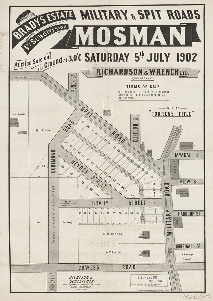 Punch St, Spit Rd, Ourimbah Rd, Cowles Rd, Military Rd, Brady St, Heydon St, Clifford St, Myagah St, View St, Harbour St, Currigal St , Mosman NSW 1902