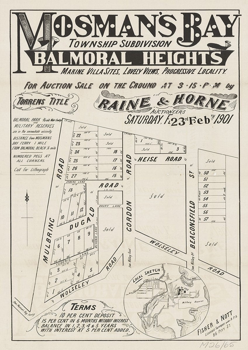 Mulbring Rd, Wolseley Rd, Duncald Rd, Gordon Rd, Heise Rd, Beaconsfield St, Wolseley Rd, Coronation Ave, Dugald Rd, Cederic Ln, Drury Ln, Wenban Ln, Syberg Ln, Mosman, Balmoral NSW 1901