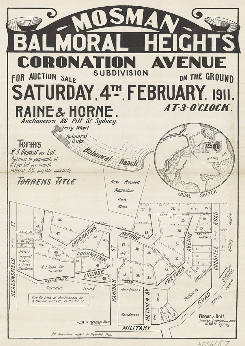 Beaconsfield St, Wellesley Rd, Coronation Ave, Kahibah St, Methuen Ave, Pretoria Ave, Cobbitee Rd, Middle Head Rd, Plunkett Rd, Windward Ave, Military Rd, Mosman, Georges Heights NSW 1911