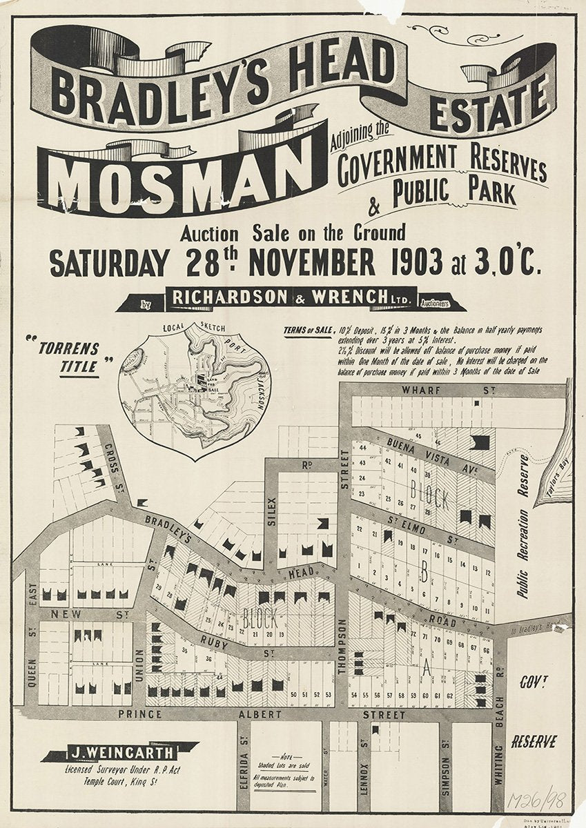 Queen St East, Prince Albert St, Whiting Beach Rd, Bradley's Head Rd, Thompson St, Silex Rd, Wharf St, Bradleys Head Rd, New St, Union St, Cross St, Ruby St, Elfrida St, Lennox St, Simpson St, Saint Elmo St, Buena Vista Ave, Mosman, Clifton Gardens NSW 1903