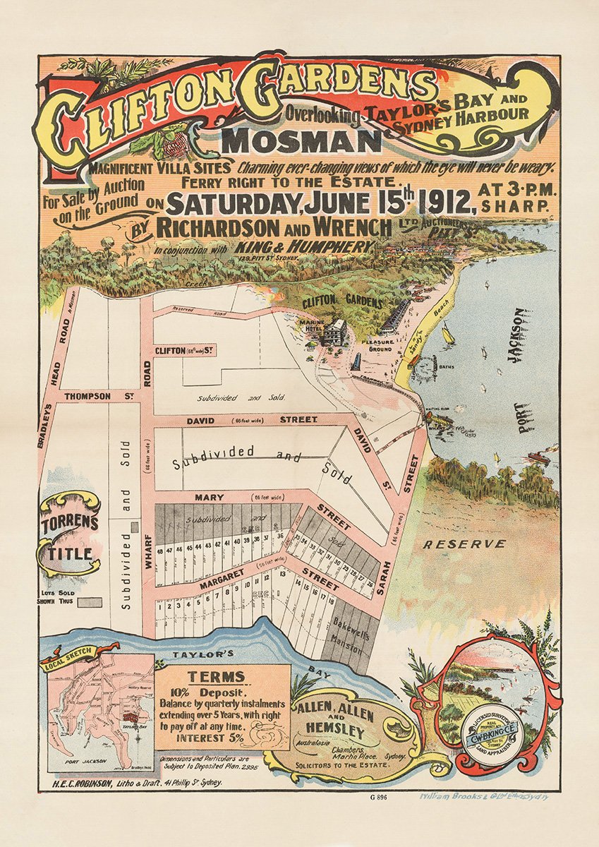 Bradley's Head Rd, Thompson St, Wharf Rd, Margaret St, Sarah St, Mary St, David St, Burrawong Ave, Kardinia Rd, Iluka Rd, Morella Rd, Clifton St, Bradleys Head Rd, Mosman, Clifton Gardens NSW 1912