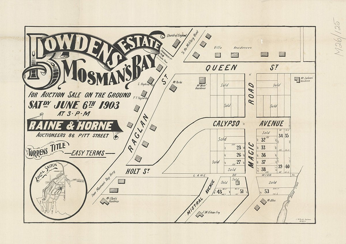 Raglan St, Queen St, Magic Rd, Mistral Ave, Holt St, Calypso Ave, Magic Grove, Clanalpine St, Mosman NSW 1903