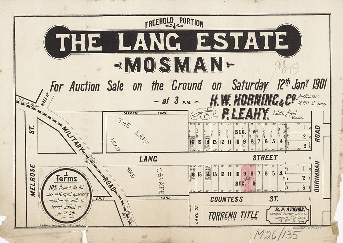 Lang St, Countess St, Ourimbah Rd, Military Rd, Melrose St, Hale Rd, Mackie Ln, Eric Ln, Earl St, Mosman NSW 1901