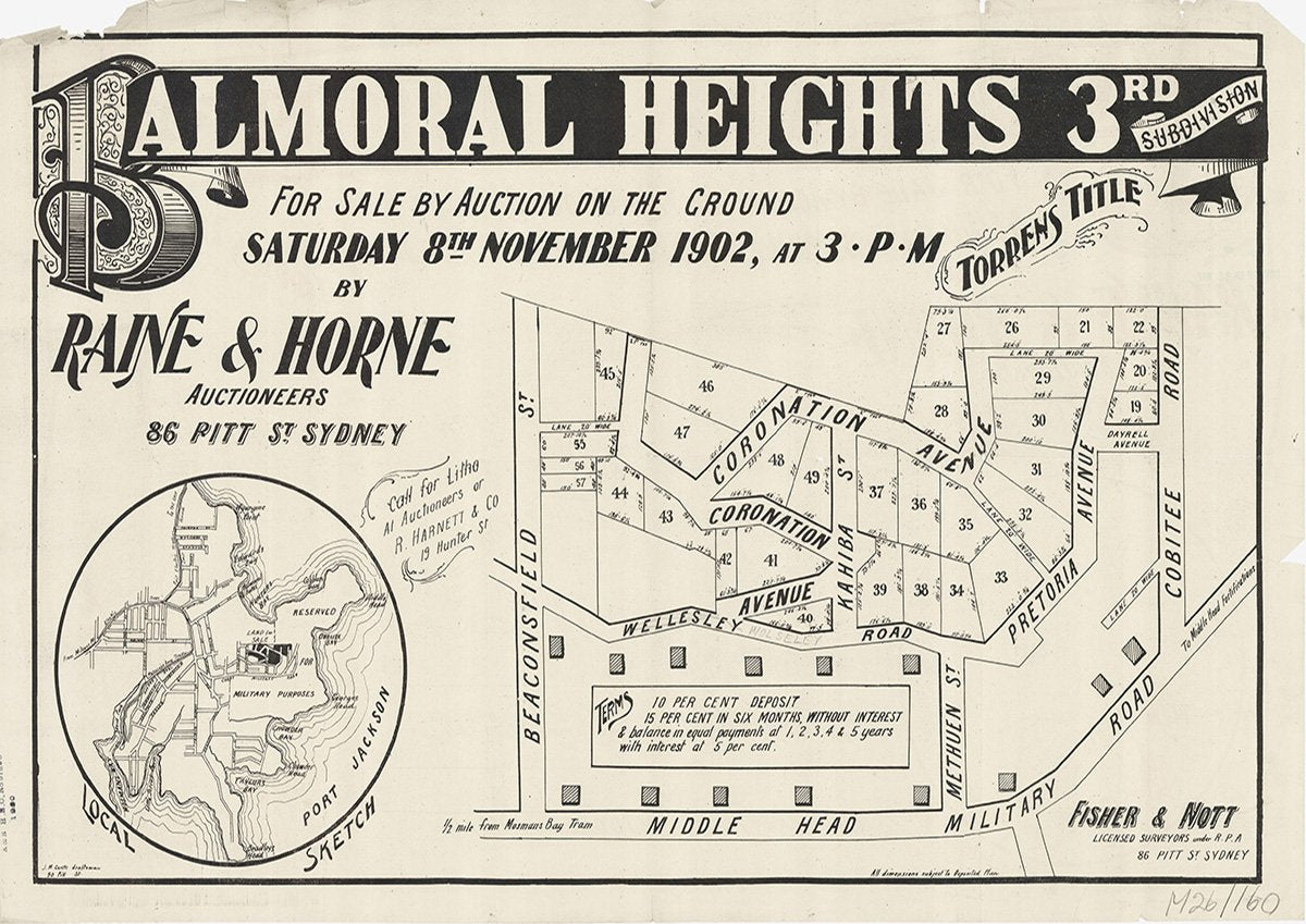 Beaconsfield St, Wellesley Rd, Coronation Ave, Kahibah St, Methuen Ave, Pretoria Ave, Cobbitee Rd, Military Rd, Mosman, Balmoral NSW 1902