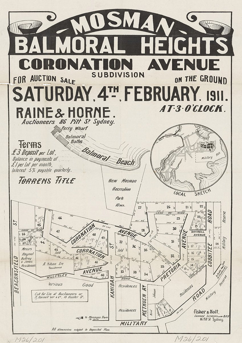 Beaconsfield St, Wellesley Rd, Coronation Ave, Kahibah St, Methuen Ave, Pretoria Ave, Cobbitee Rd, Military Rd, Mosman, Balmoral NSW 1911