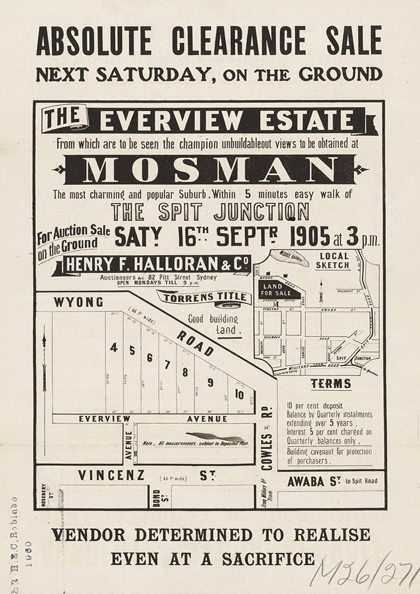 Wyong Rd, Cowles Rd, Everview Ave, Vincenz St, Awaba St, Rosebery St, Bond St, Mosman NSW 1905